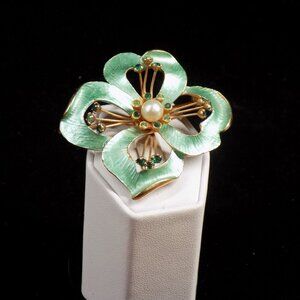 Vintage Weiss Brooch Floral Green Enamel Rhinestone Pearl Gold-tone